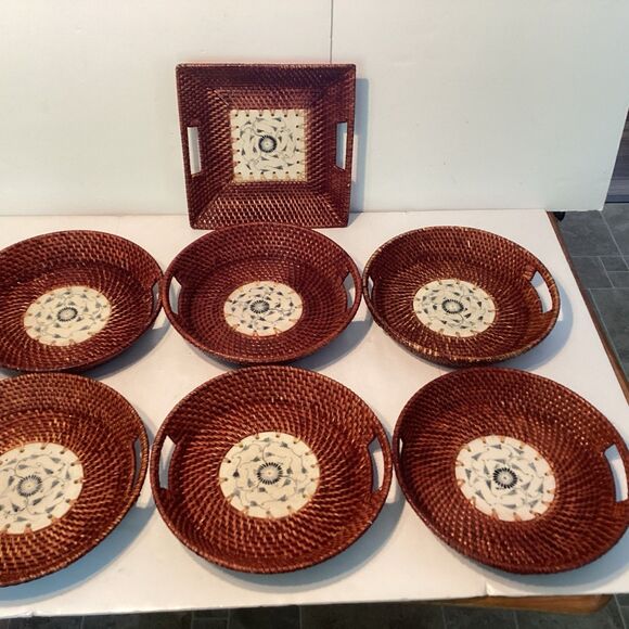 vintage handmade Vietnamese 7 rattan basket tray w/ceramic tile coaster 1 square - Picture 1 of 10